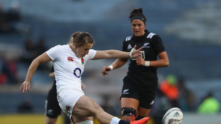 Katy Daley-McLean of England kicks the ball upfield against the New Zealand Black Ferns