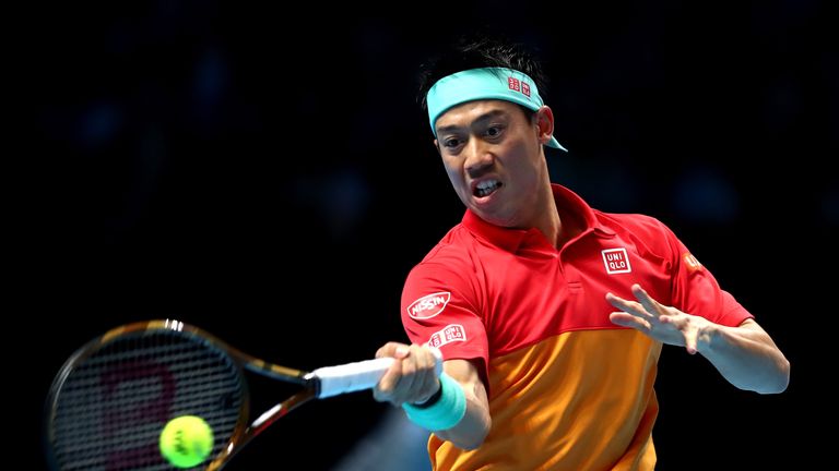 Kei Nishikori of Japan plays a forehand during his singles round robin match against Kevin Anderson of South Africa during Day Three of the Nitto ATP World Tour Finals at The O2 Arena on November 13, 2018 in London, England.