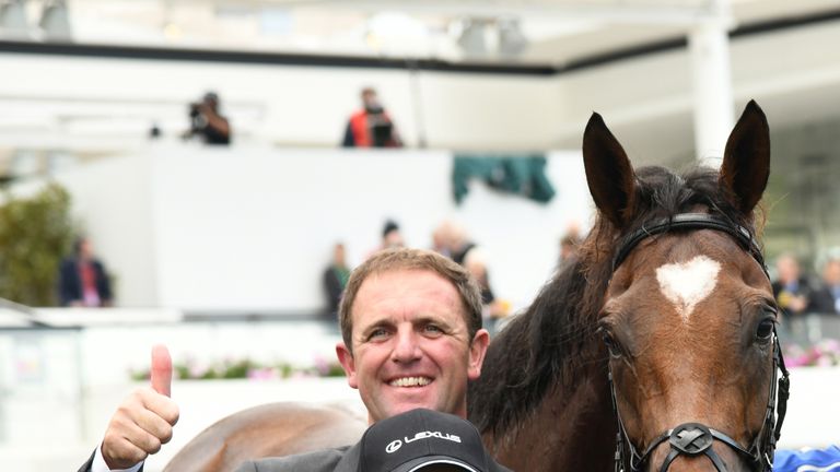 Kerrin McEvoy and trainer Charlie Appleby pose with Cross Counter after winning Race 7, Lexus Melbourne Cup during Melbourne Cup Day at Flemington Racecourse on November 6, 2018 in Melbourne, Australia