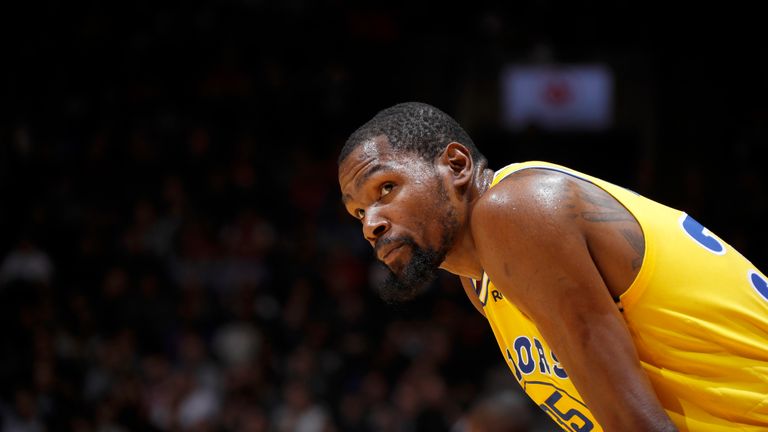TORONTO, CANADA - NOVEMBER 29: Kevin Durant #35 of the Golden State Warriors looks on during the game against the Toronto Raptors on November 29, 2018 at Scotiabank Arena in Toronto, Ontario, Canada. NOTE TO USER: User expressly acknowledges and agrees that, by downloading and/or using this photograph, user is consenting to the terms and conditions of the Getty Images License Agreement. Mandatory Copyright Notice: Copyright 2018 NBAE (Photo by Mark Blinch/NBAE via Getty Images)