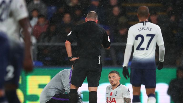 Kieran Trippier was injured during the Premier League match between Crystal Palace and Tottenham Hotspur at Selhurst Park on November 10, 2018 in London, United Kingdom.