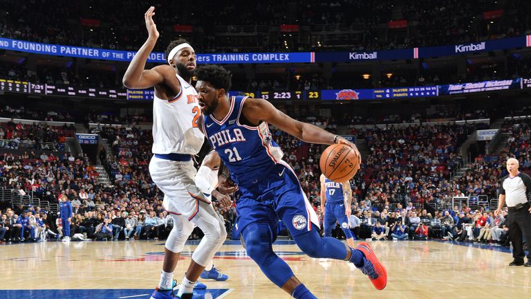 PHILADELPHIA, PA - NOVEMBER 28:  Joel Embiid #21 of the Philadelphia 76ers handles the ball against the New York Knicks on November 28, 2018 at the Wells Fargo Center in Philadelphia, Pennsylvania NOTE TO USER: User expressly acknowledges and agrees that, by downloading and/or using this Photograph, user is consenting to the terms and conditions of the Getty Images License Agreement. Mandatory Copyright Notice: Copyright 2018 NBAE (Photo by Jesse D. Garrabrant/NBAE via Getty Images)