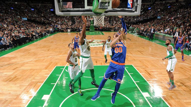 Enes Kanter #00 of the New York Knicks shoots the ball against the Boston Celtics on November 21, 2018 at TD Garden in Boston, Massachusetts.