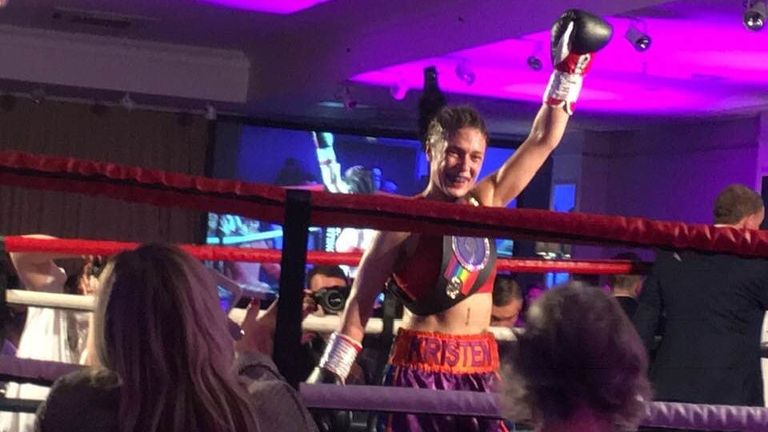 Kristen Fraser celebrates her Commonwealth bantamweight title victory over Ellen Simwaka in Aberdeen