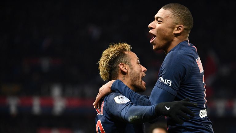 Neymar and Kylian Mbappe celebrate for PSG