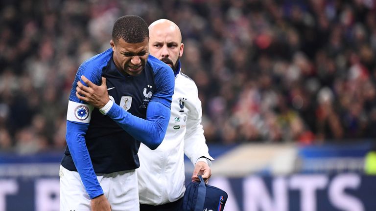 Kylian Mbappe suffered a shoulder injury in France's friendly against Uruguay on Tuesday