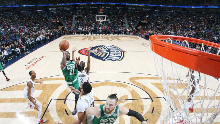 Kyrie Irving #11 of the Boston Celtics shoots the ball against the New Orleans Pelicans on November 26, 2018 at the Smoothie King Center in New Orleans, Louisiana.