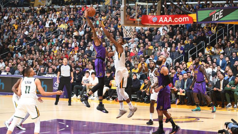 Brandon Ingram #14 of the Los Angeles Lakers drives to the basket during the game against the Utah Jazz on November 23, 2018 at STAPLES Center in Los Angeles, California.