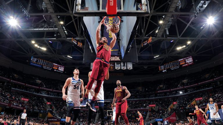 Larry Nance Jr. #22 of the Cleveland Cavaliers dunks the ball against the Minnesota Timberwolves on November 26, 2018 at Quicken Loans Arena in Cleveland, Ohio.