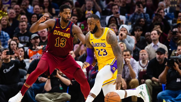 Tristan Thompson #13 of the Cleveland Cavaliers guards LeBron James #23 of the Los Angeles Lakers during the second half at Quicken Loans Arena on November 21, 2018 in Cleveland, Ohio. The Lakers defeated the Cavaliers 109-105