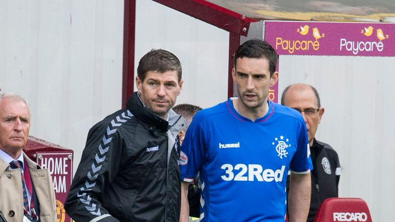 26/08/18 LADBROKES PREMIERSHIP.MOTHERWELL v RANGERS (3-3).FIR PARK - MOTHERWELL.Rangers manager Steven Gerrard (L) with Lee Wallace on the touchline.