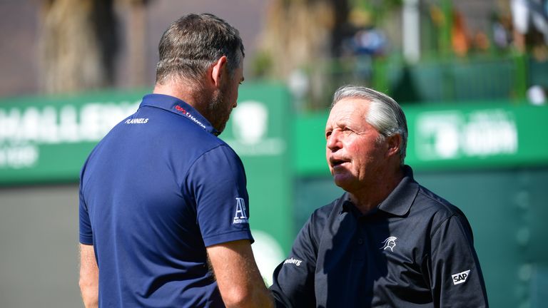 Lee Westwood and Gary Player during Day Four of the Nedbank Golf Challenge at Gary Player CC on November 11, 2018 in Sun City, South Africa.