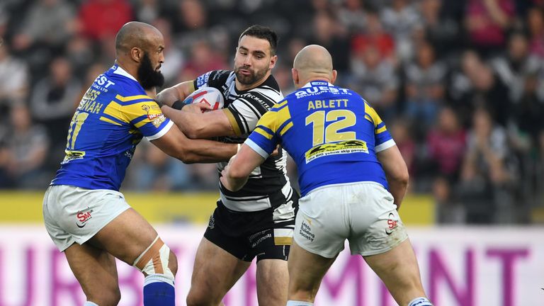 duirng the BetFred Super League match between Hull FC and Leeds Rhinos at KCOM Stadium on April 19, 2018 in Hull, England.