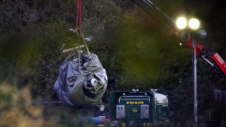 A crane moves part of the wreckage from the helicopter crash at Leicester City Football Club. PRESS ASSOCIATION Photo. Picture date: Thursday November 1, 2018. Leicester Chairman, Vichai Srivaddhanaprabha, was among those to have tragically lost their lives on Saturday evening when a helicopter carrying him and four other people crashed outside King Power Stadium. See PA story SOCCER Leicester. Photo credit should read: Aaron Chown/PA Wire
