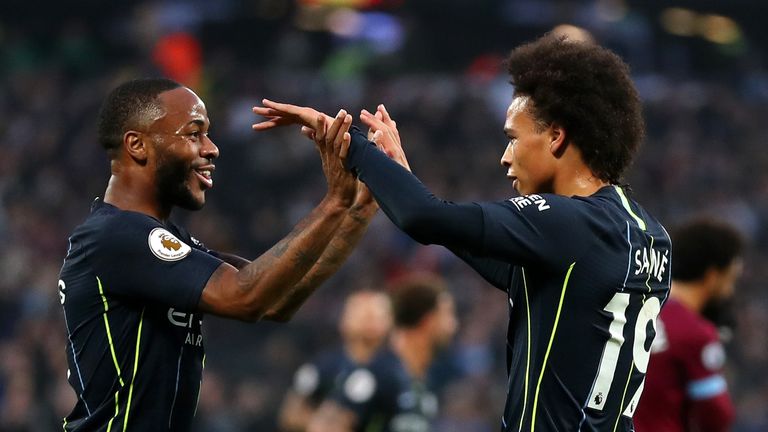 Leroy Sane celebrates with team-mate Raheem Sterling after scoring Manchester City's third goal