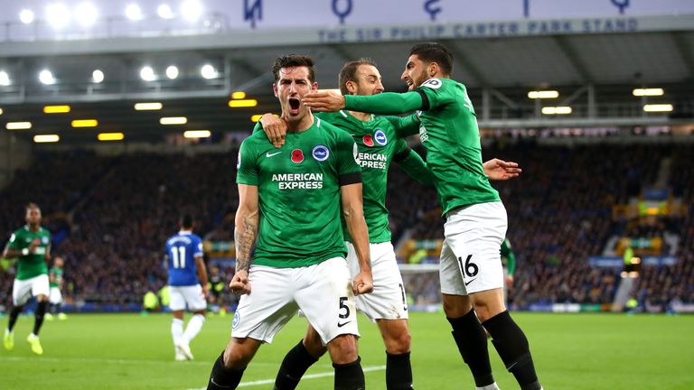 Lewis Dunk celebrates his equaliser against Everton