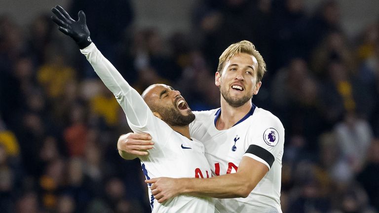 Lucas Moura celebrates with Harry Kane after scoring Tottenham's second goal against Wolves