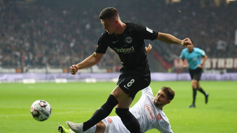 Luka Jovic scores one of his five goals against Fortuna Dusseldorf