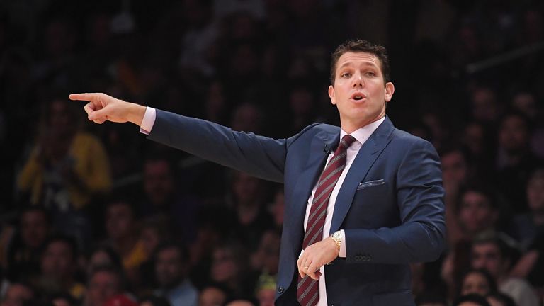Head coach Luke Walton of the Los Angeles Lakers gestures during the first quarter against the Houston Rockets at Staples Center on October 20, 2018 in Los Angeles, California.