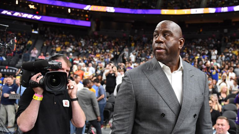 Los Angeles Lakers president of basketball operations Earvin 'Magic' Johnson arrives at the Lakers' preseason game against the Golden State Warriors at T-Mobile Arena on October 10, 2018 in Las Vegas, Nevada. 