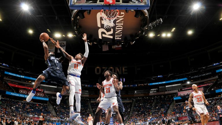 Amile Jefferson #11 of the Orlando Magic drives to the basket during the game against the New York Knicks on November 18, 2018 at Amway Center in Orlando, Florida.