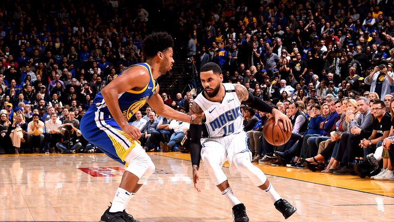 D.J. Augustin #14 of the Orlando Magic handles the ball against the Golden State Warriors on November 26, 2018 at ORACLE Arena in Oakland, California.
