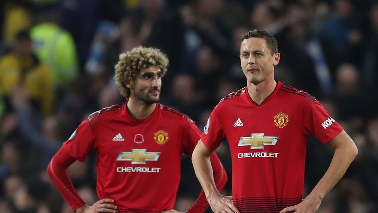 Manchester United&#39;s Marouane Fellaini and Nemanja Matic react to David Silva&#39;s opening goal for Manchester City in their 3-1 derby win at the Etihad Stadium