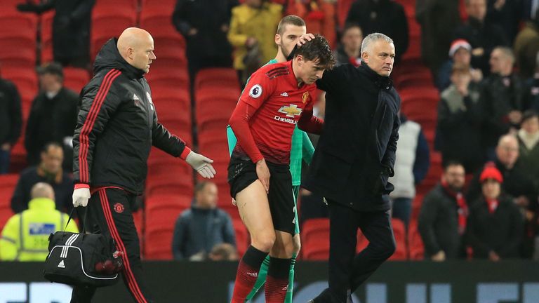 Manchester United's Portuguese manager Jose Mourinho (R) consoles Manchester United's Swedish defender Victor Lindelof (C) during the English Premier League football match between Manchester United and Crystal Palace at Old Trafford in Manchester, north west England, on November 24, 2018.