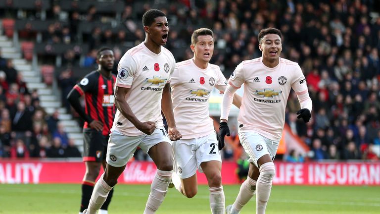 Marcus Rashford, Ander Herrera and Jesse Lingard celebrate during the Premier League match between AFC Bournemouth and Manchester United at Vitality Stadium on November 3, 2018 in Bournemouth, United Kingdom.