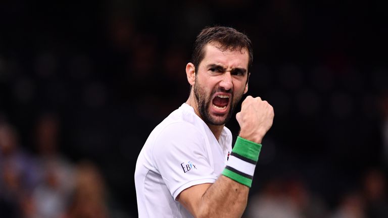 Marin Cilic of Croatia celebrates after winning match point in his Round of 16 match against Grigor Dimitrov of Bulgaria during Day Four of the Rolex Paris Masters on November 1, 2018 in Paris, France. 