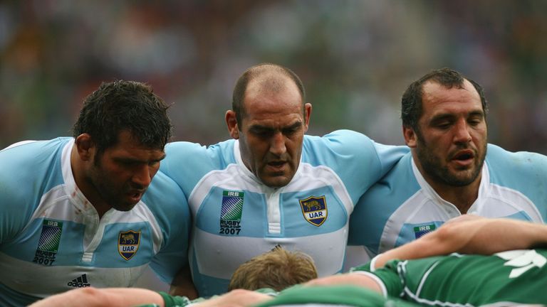 Argentina front row of Juan Martin Scelzo, Mario Ledesma and Rodrigo Roncero get ready to take on Ireland in the 2007 World Cup