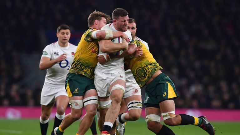 England's number 8 Mark Wilson tries to break the Australian defence