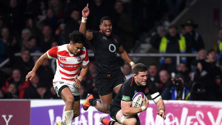Mark Wilson of England goes over to score during the Quilter International match between England and Japan at Twickenham Stadium on November 17, 2018 in London, United Kingdom. (