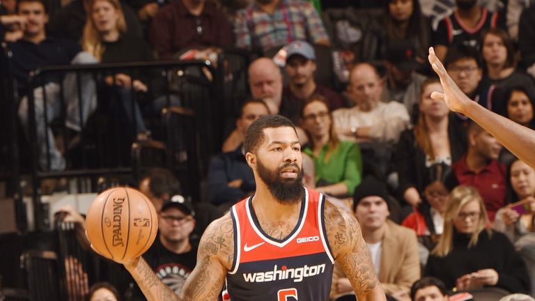 Markieff Morris #5 of the Washington Wizards passes the ball during the game against the Toronto Raptors on November 23, 2018 at the Scotiabank Arena in Toronto, Ontario, Canada.