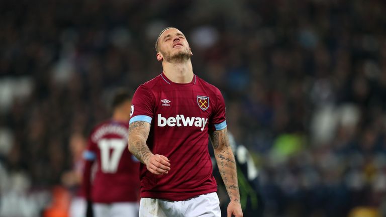 Marko Arnautovic of West Ham United react during the Premier League match between West Ham United and Manchester City 