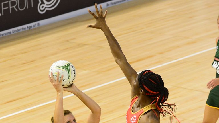 JOHANNESBURG, SOUTH AFRICA - JANUARY 28: Maryka Holtzhausen of South Africa and Ama Agbeze of England during the Netball Quad Series match between South Africa and England at Ellis Park Arena on January 28, 2018 in Johannesburg, South Africa. (Photo by Lee Warren/Gallo Images)