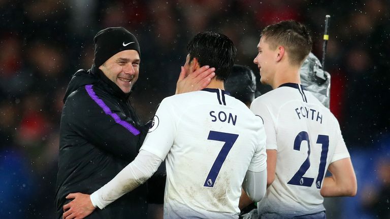 Mauricio Pochettino congratulates Heung-Min Son and Juan Foyth after Spurs' win at Crystal Palace 