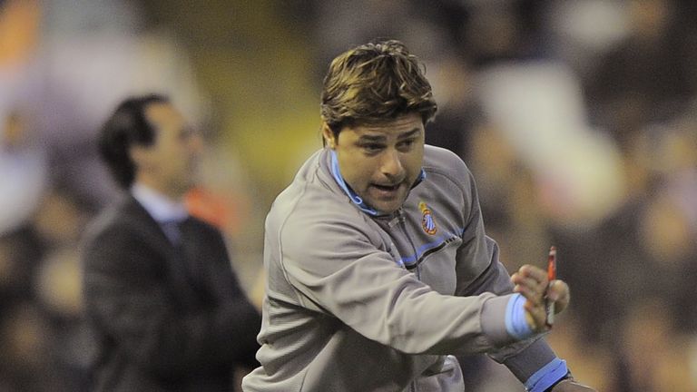 Espanyol coach Mauricio Pochettino during his side's game against Unai Emery's Valencia in January 2011