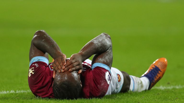 Michail Antonio reacts after hitting the post during West Ham's defeat