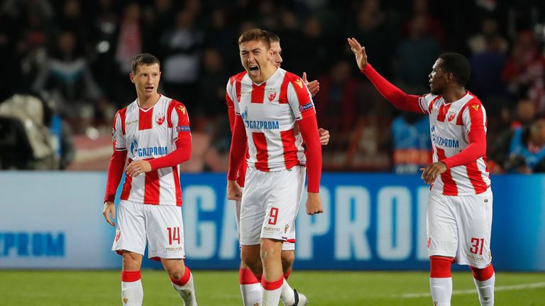 Milan Pavkov celebrates scoring against Liverpool for Red Star Belgrade