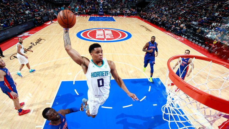 Miles Bridges dunks against the Pistons