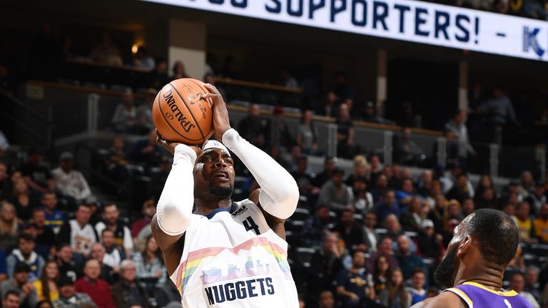 DENVER, CO - NOVEMBER 27:  Paul Millsap #4 of the Denver Nuggets shoots the ball against the Los Angeles Lakers on November 27, 2018 at the Pepsi Center in Denver, Colorado. NOTE TO USER: User expressly acknowledges and agrees that, by downloading and/or using this Photograph, user is consenting to the terms and conditions of the Getty Images License Agreement. Mandatory Copyright Notice: Copyright 2018 NBAE (Photo by Garrett Ellwood/NBAE via Getty Images)