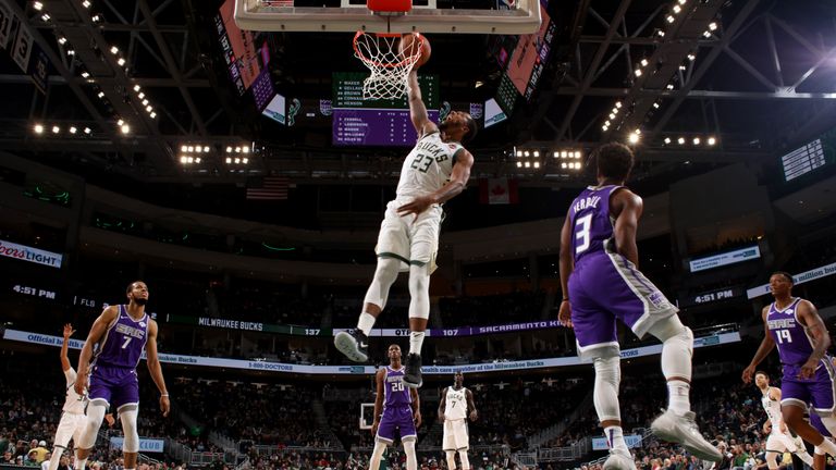 MILWAUKEE, WI - November 4: Sterling Brown #23 of the Milwaukee Bucks dunks the ball against the Sacramento Kings on November 4, 2018 at Fiserv Forum in Milwaukee, Wisconsin. NOTE TO USER: User expressly acknowledges and agrees that, by downloading and/or using this Photograph, user is consenting to the terms and conditions of the Getty Images License Agreement. Mandatory Copyright Notice: Copyright 2018 NBAE (Photo by Gary Dineen/NBAE via Getty Images)