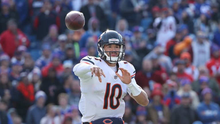 BUFFALO, NY - NOVEMBER 04: Mitchell Trubisky #10 of the Chicago Bears throws a pass in the second quarter during NFL game action against the Buffalo Bills at New Era Field on November 4, 2018 in Buffalo, New York. (Photo by Tom Szczerbowski/Getty Images) *** Local Caption *** Mitchell Trubisky