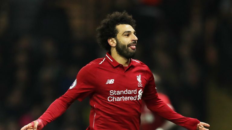 Mohamed Salah celebrates his opener at Vicarage Road