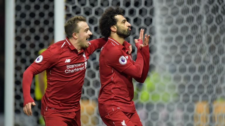 Mohamed Salah celebrates his goal with Xherdan Shaqiri