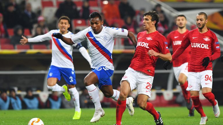 08/11/18 EUROPA LEAGUE.SPARTAK MOSCOW vs RANGERS.MOSCOW - RUSSIA.Rangers Alfredo Morelos (left) and Roman Eremenko in action