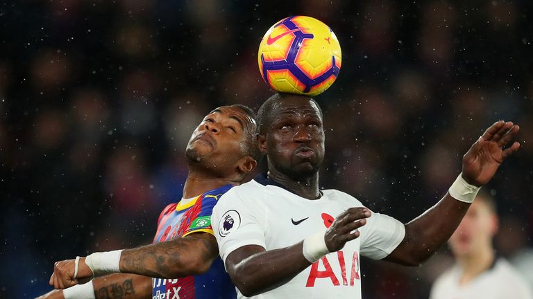 Moussa Sissoko and Jordan Ayew during the Premier League match between Crystal Palace and Tottenham Hotspur at Selhurst Park on November 10, 2018 in London, United Kingdom.