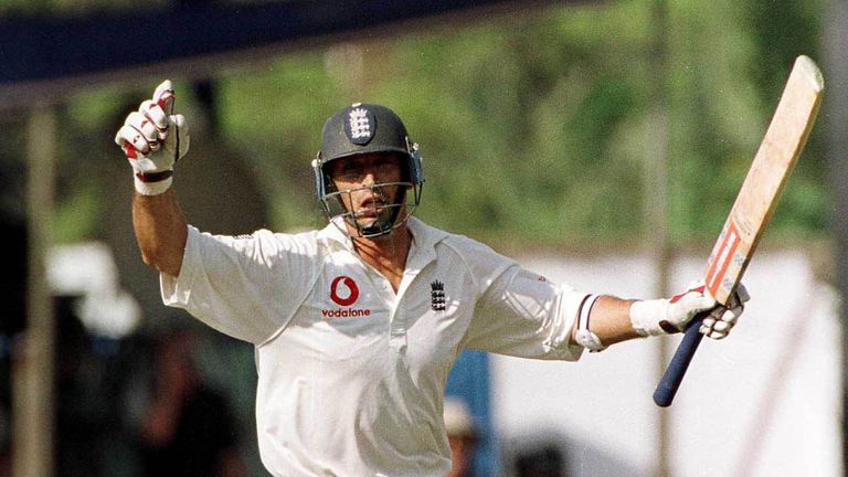 8 Mar 2001: Nasser Hussain the England captain celebrates reaching his century on the second day of the 2nd Test between Sri Lanka and England at the Asgiriya Stadium, Kandy, Sri Lanka. 