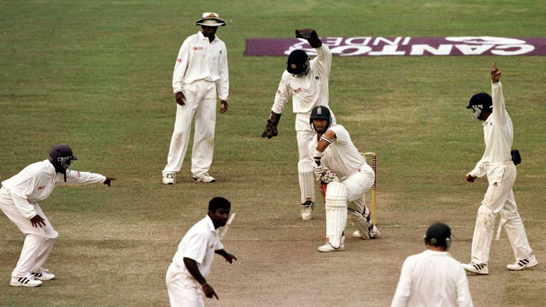 25 Feb 2001: Nasser Hussain of England plays a defensive shot as the Sri Lankan's appeal for lbw during the fourth day of the first test between Sri Lanka and England at Galle International Stadium, Galle, Sri Lanka